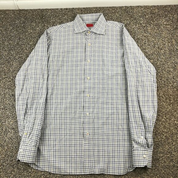 Isaia Napoli Dress Shirt Gray Beige Tan Plaid Size 17 | 43 - Picture 2 of 8